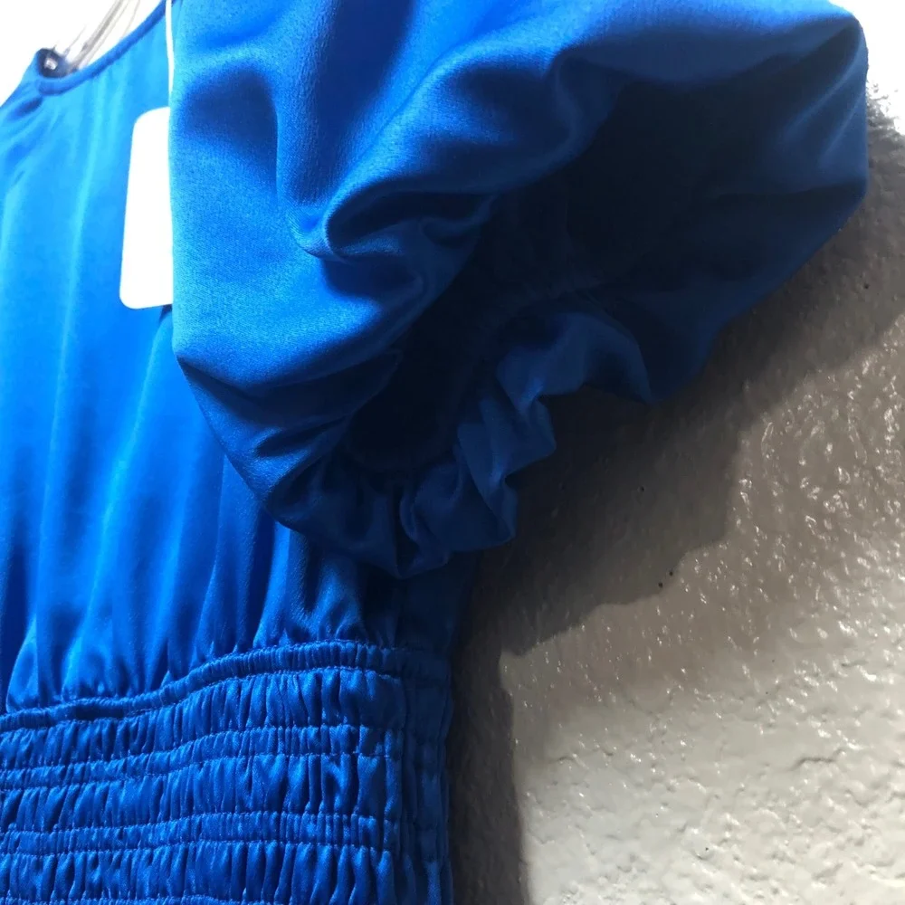 Glam Los‎ Angeles Royal Blue Satin Open Back Smocked Mini Dress GD3845 Small NWT
